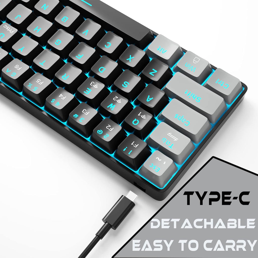 Percent 60 Gaming Mechanical Keyboard,Compact 68 Keys Anti-Ghosting with Blue Switch with Detachable Type-C Keyboard for PC Gamer Windows Laptop Mac/Xbox(Red Switch, Gray & Black)