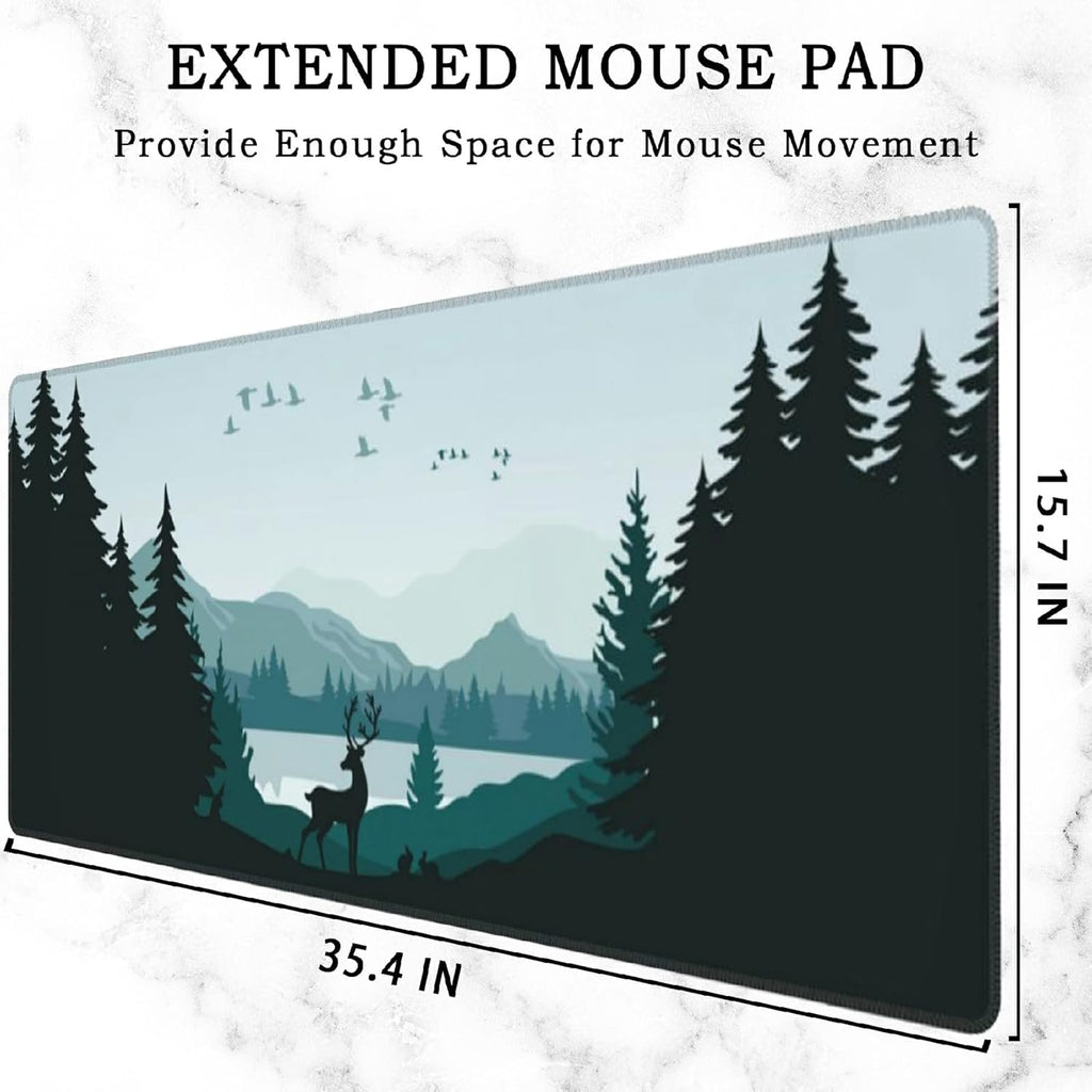 Gaming Mouse Pad Large, Lnk Painting Misty Forest Deer Extended Mouse Pad,Non-Slip Rubber Desktop Mat Sewn Edges, Desktop Decorative Accessories, Suitable for Home, Office 35.5" X 15.7"