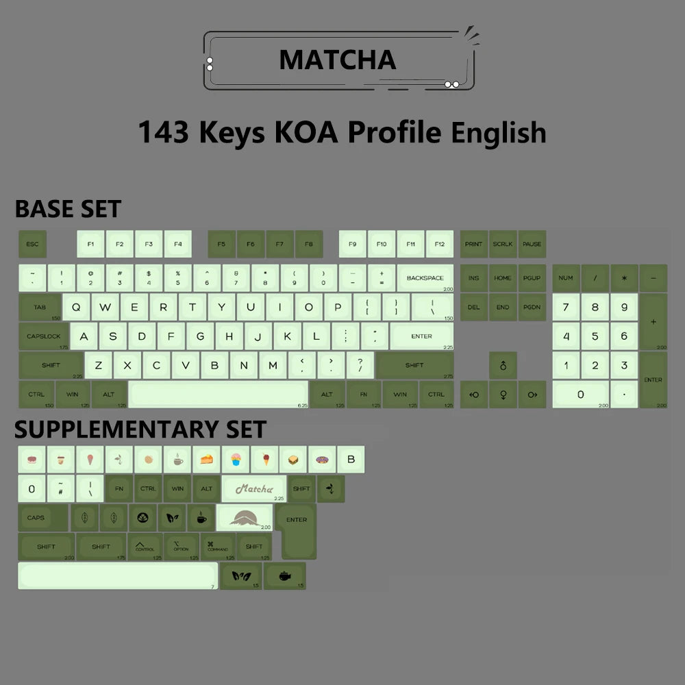 Matcha KOA Keycap PBT Similar MOA Keycaps Retro 7U MAC ISO Japanese Korean Russian 143 Key Cap Set for Mechanical Keyboard