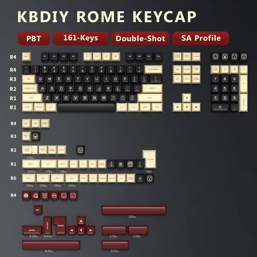 Keyboard Keycaps Set PBT Rome Keycaps Custom Retro Double Shot SA Profile ISO 7U 161 Keys Caps for MX Switches GMK67 K500