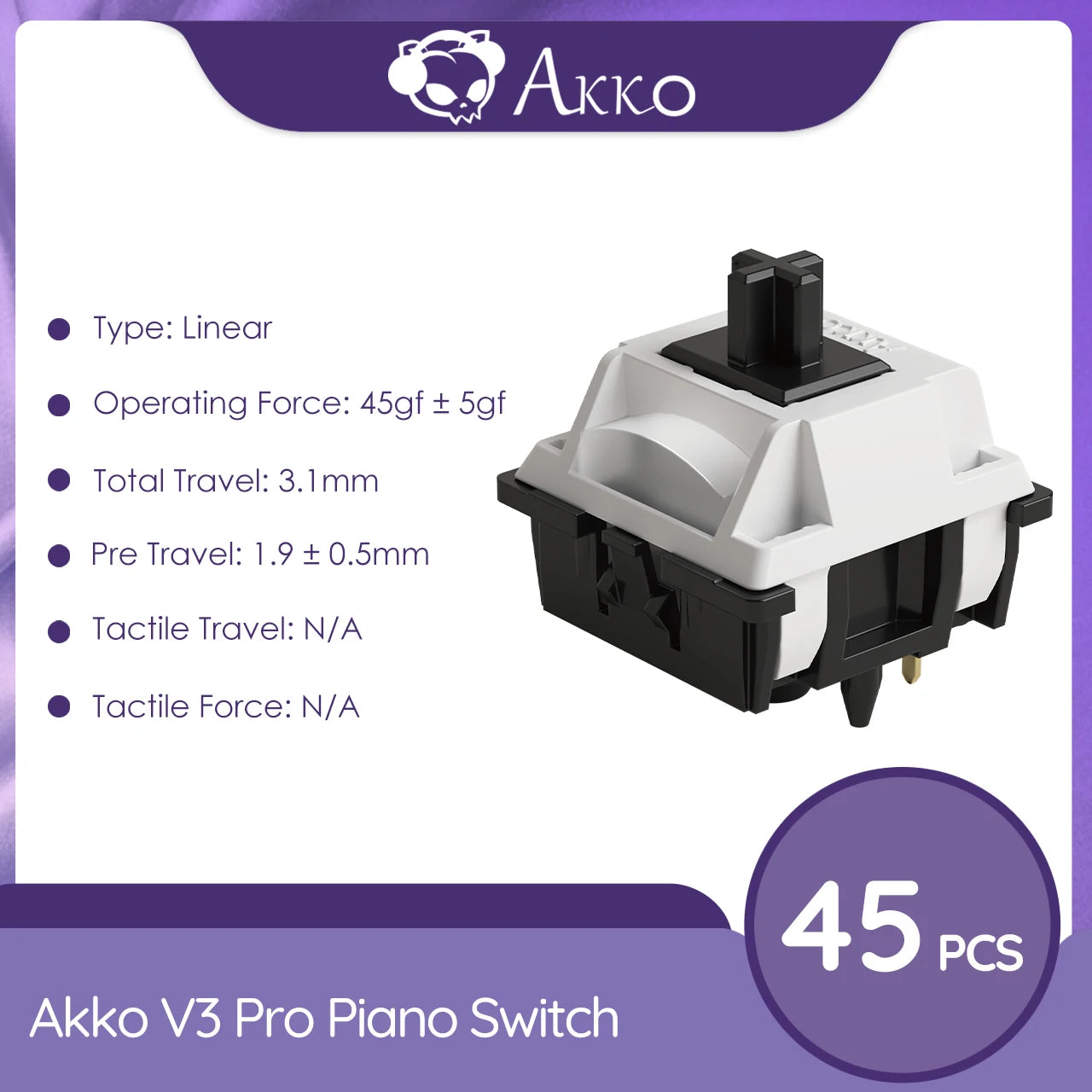V3 Pro Piano Switch 5 Pin 45Gf Linear Switches Light Diffuser Compatible with MX Mechanical Keyboard (45 Pcs)