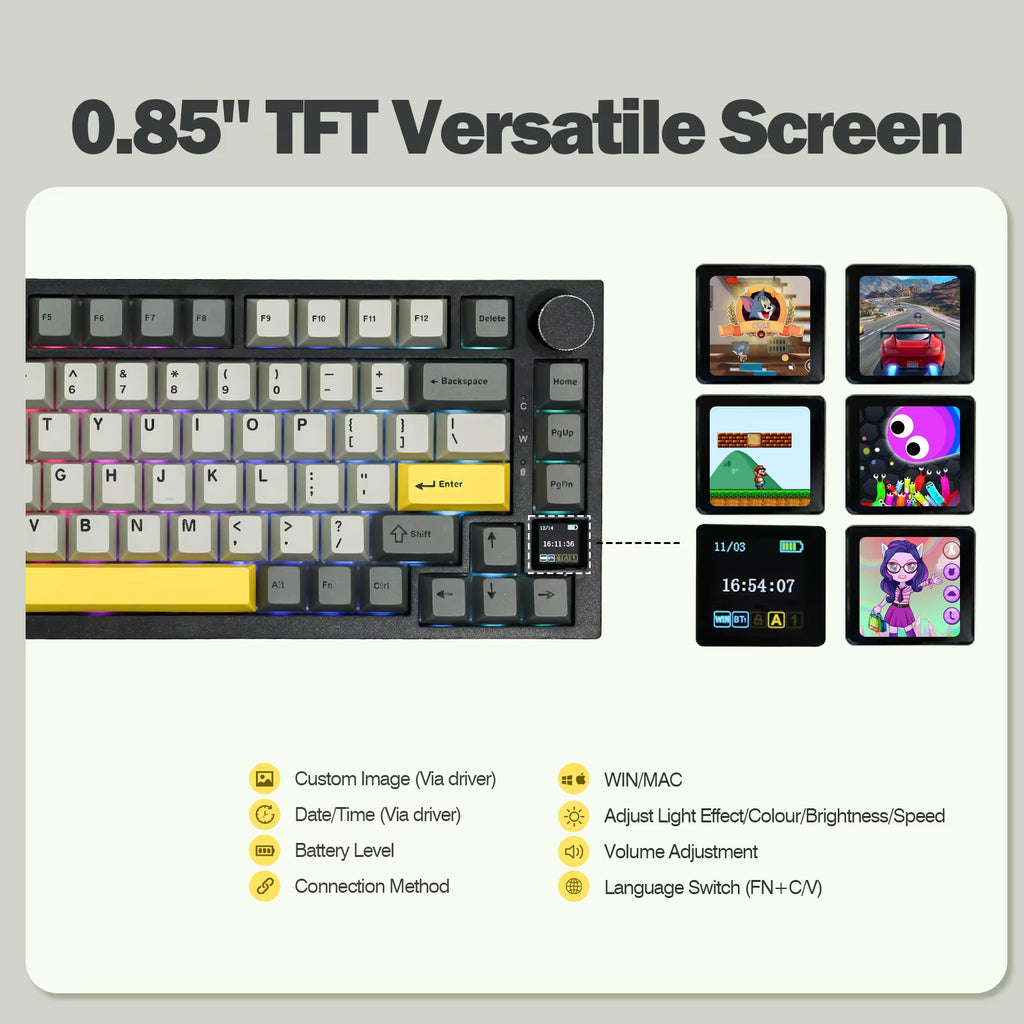 AK820 Pro 75% Gasket-Mounted Bluetooth 5.1/2.4G Wireless/Wired Mechanical Keyboard with TFT Screen for Mac/Win