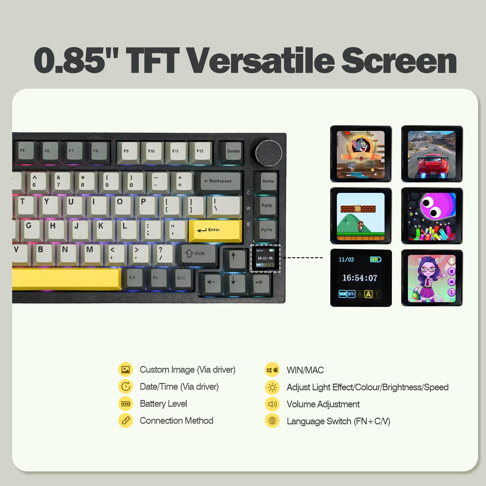 AK820 Pro 75% Gasket-Mounted Bluetooth 5.1/2.4G Wireless/Wired Mechanical Keyboard with TFT Screen for Mac/Win