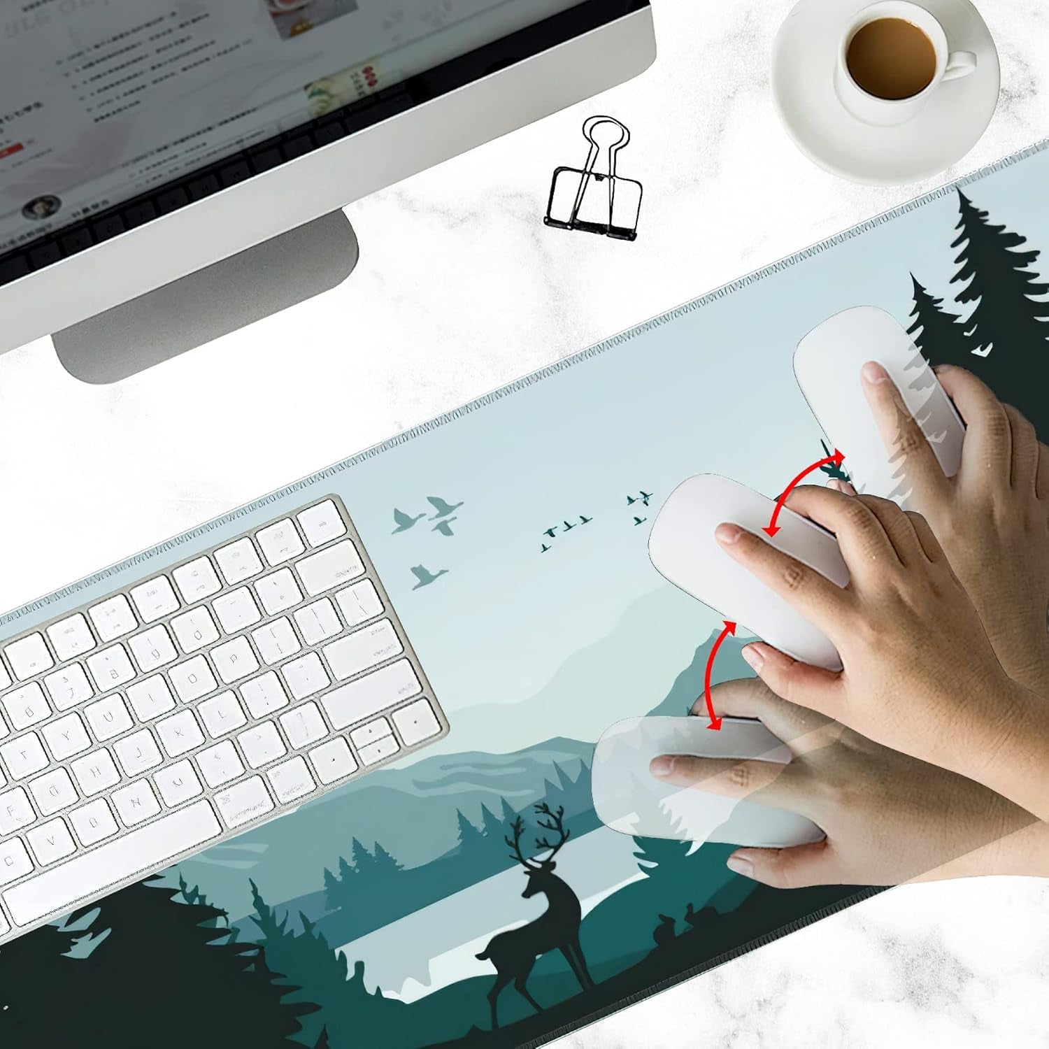 Gaming Mouse Pad Large, Lnk Painting Misty Forest Deer Extended Mouse Pad,Non-Slip Rubber Desktop Mat Sewn Edges, Desktop Decorative Accessories, Suitable for Home, Office 35.5" X 15.7"