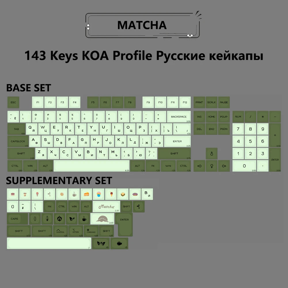 Matcha KOA Keycap PBT Similar MOA Keycaps Retro 7U MAC ISO Japanese Korean Russian 143 Key Cap Set for Mechanical Keyboard
