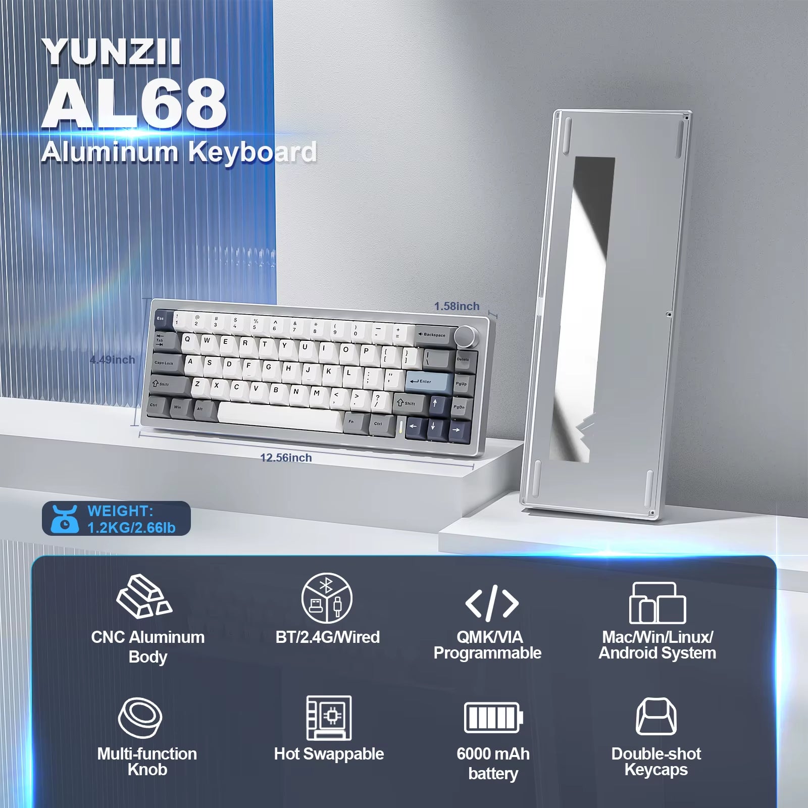 AL68 Silver Wireless Custom Mechanical Keyboard, QMK/VIA Aluminum Keyboard, Hot Swap Gasket Gaming Keyboard with Knob