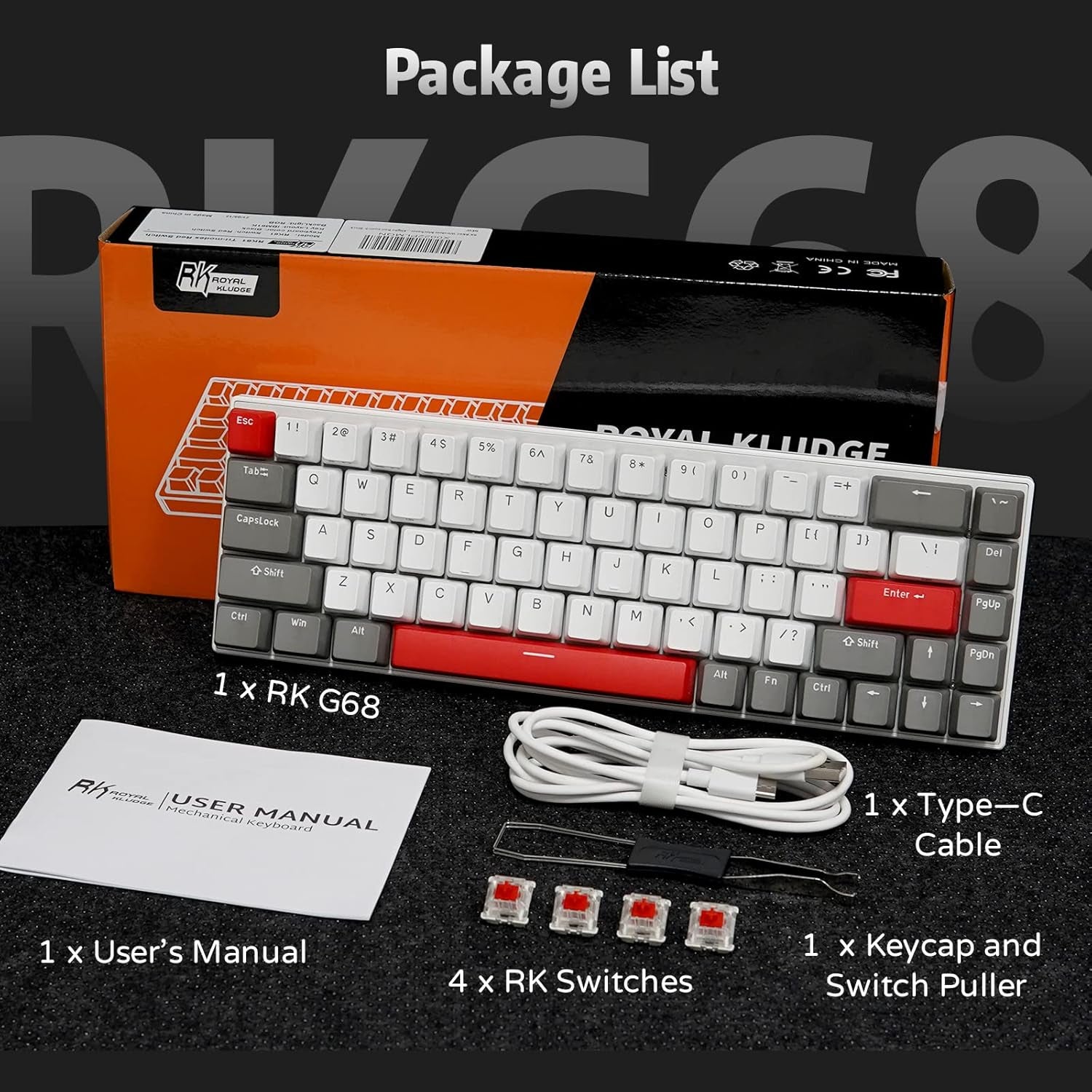 RK G68 65% Wireless Mechanical Keyboard, Bluetooth5.1/2.4G/Wired Hot Swappable Mechanical Keyboard with 3 USB Ports, 68 Keys RGB Red Switch for Mac Windows, Classical Red