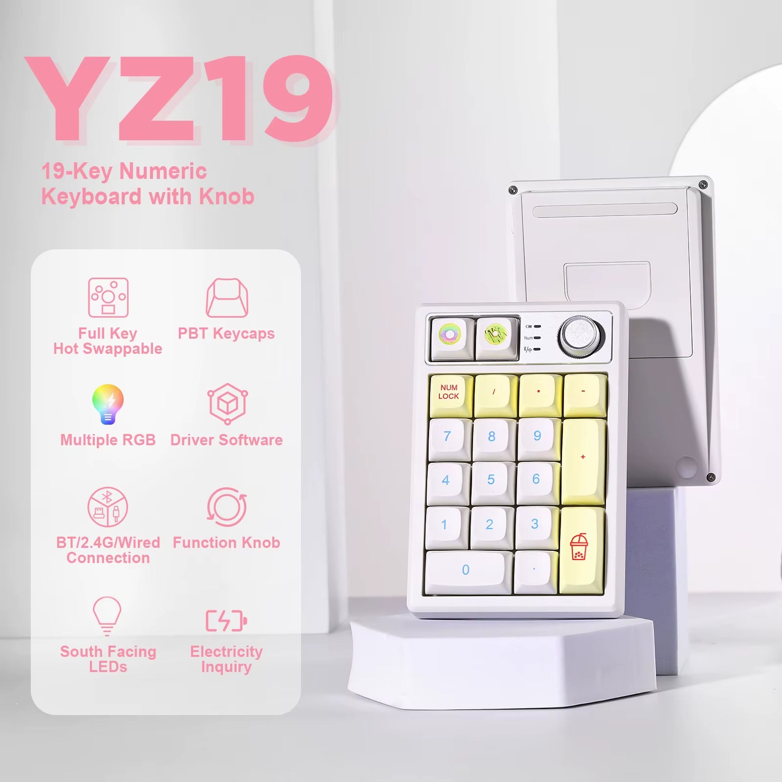 YZ19 Macaron 19 Keys Wireless Custom Knob Mechanical Number Pad, Hot Swappable Gasket RGB Numeric Keypad with PBT Keycaps