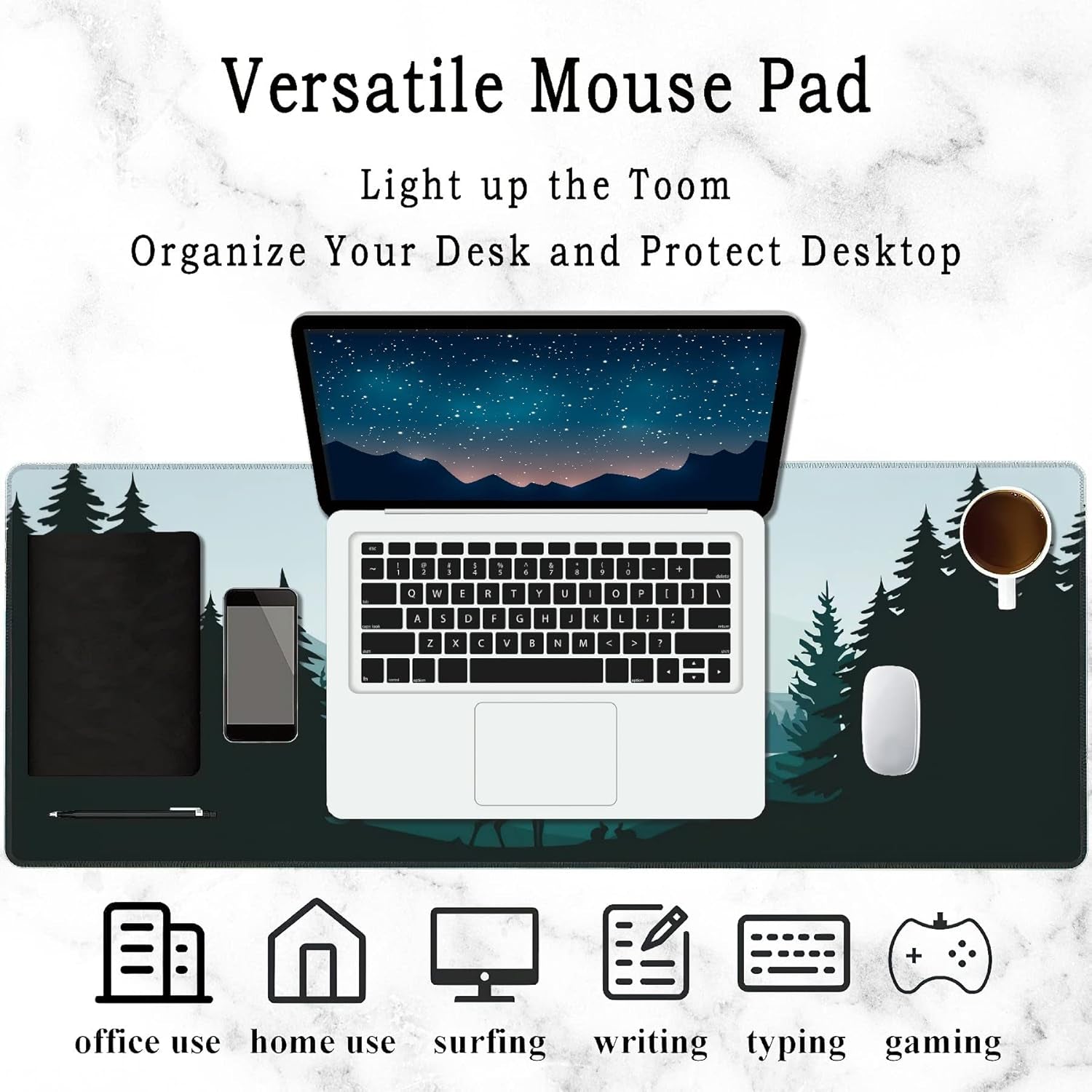 Gaming Mouse Pad Large, Lnk Painting Misty Forest Deer Extended Mouse Pad,Non-Slip Rubber Desktop Mat Sewn Edges, Desktop Decorative Accessories, Suitable for Home, Office 35.5" X 15.7"