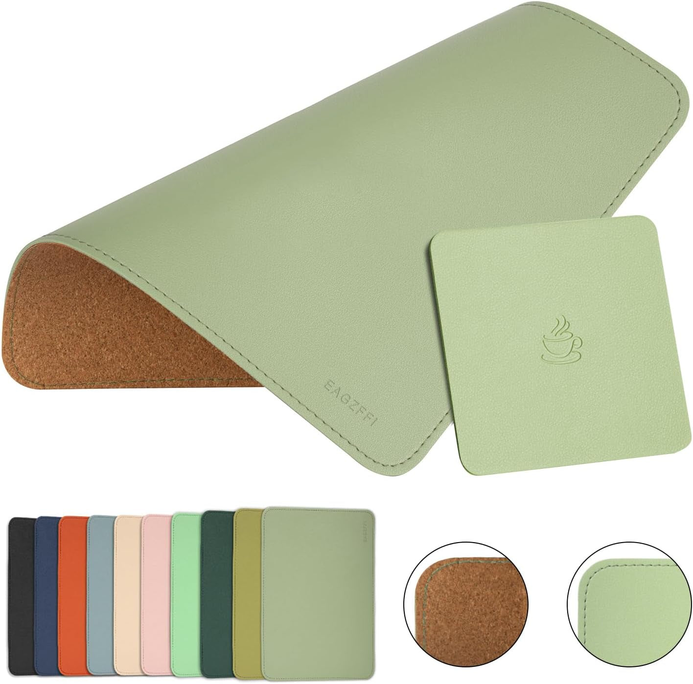 Double-Sided PU Leather & Cork Mouse Pad with Coaster – Reversible, Non-Slip, Stitched Edges for Office & Home, 8X11 Inches,(Matcha Green)
