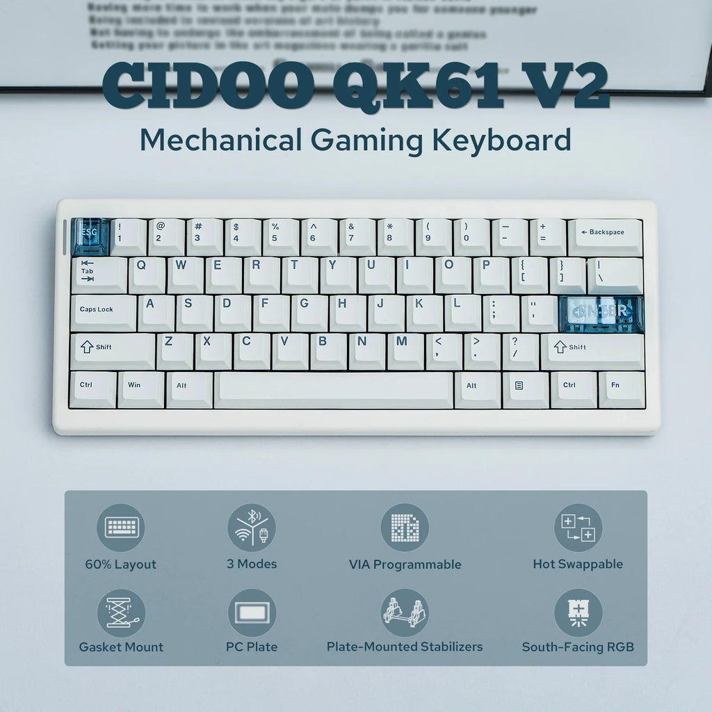 QK61 V2 Via-Programmable 60% Gasket Structure Wired/2.4Ghz Wireless/Bluetooth Compact Keyboard with South-Facing Leds