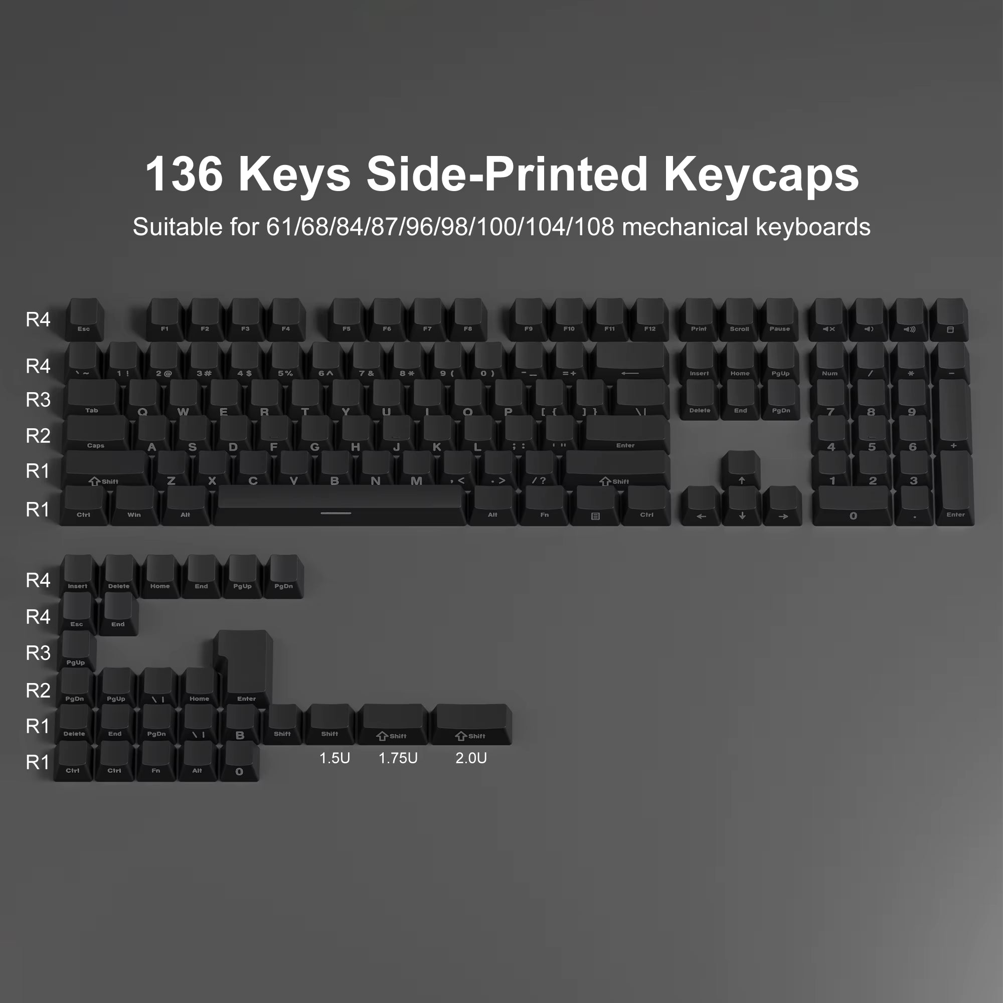 136 Key Black Side-Lit Shine through Backlit Keycaps PBT Double Shot Keycaps OEM Profile for MX Switches Mechanical Keyboard