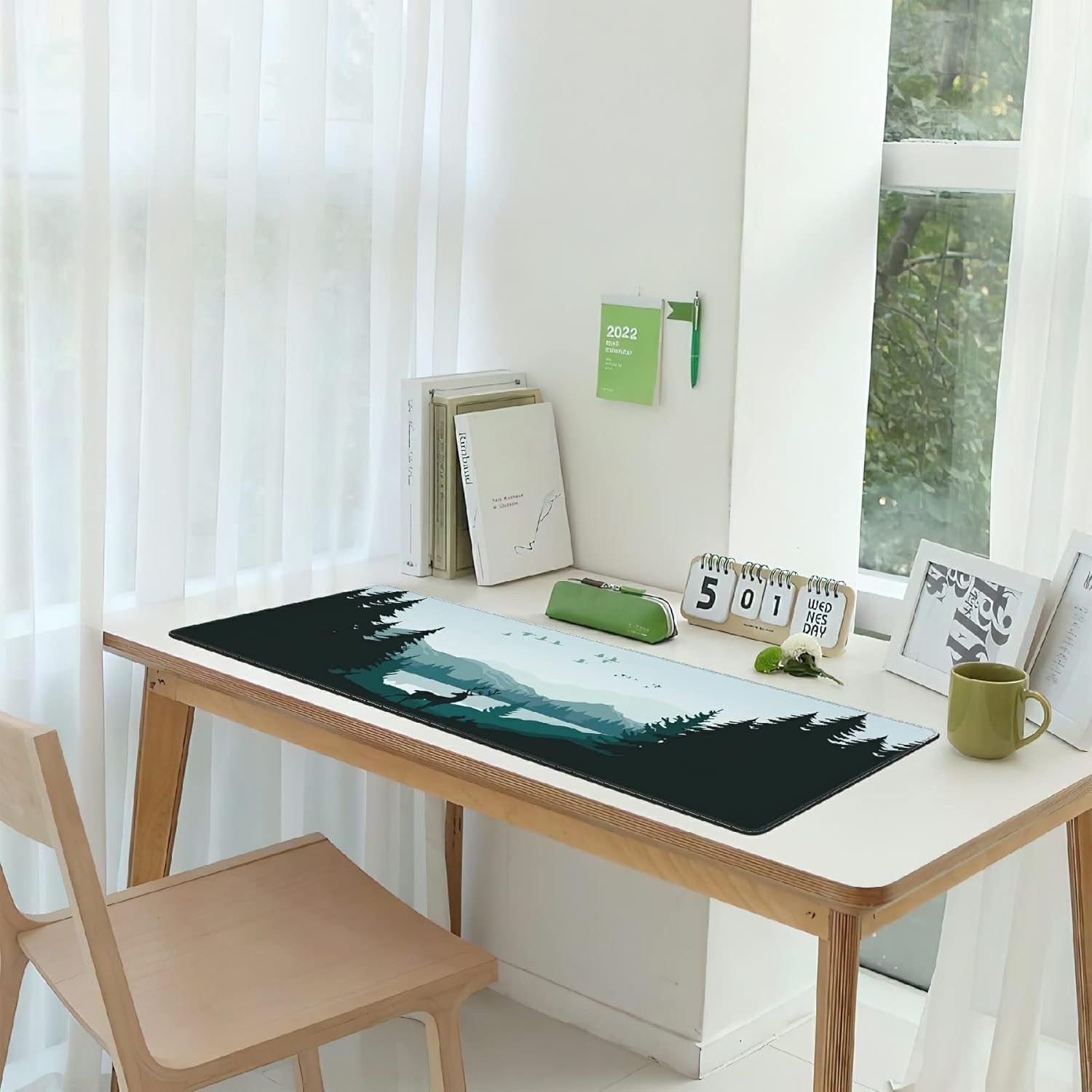 Gaming Mouse Pad Large, Lnk Painting Misty Forest Deer Extended Mouse Pad,Non-Slip Rubber Desktop Mat Sewn Edges, Desktop Decorative Accessories, Suitable for Home, Office 35.5" X 15.7"