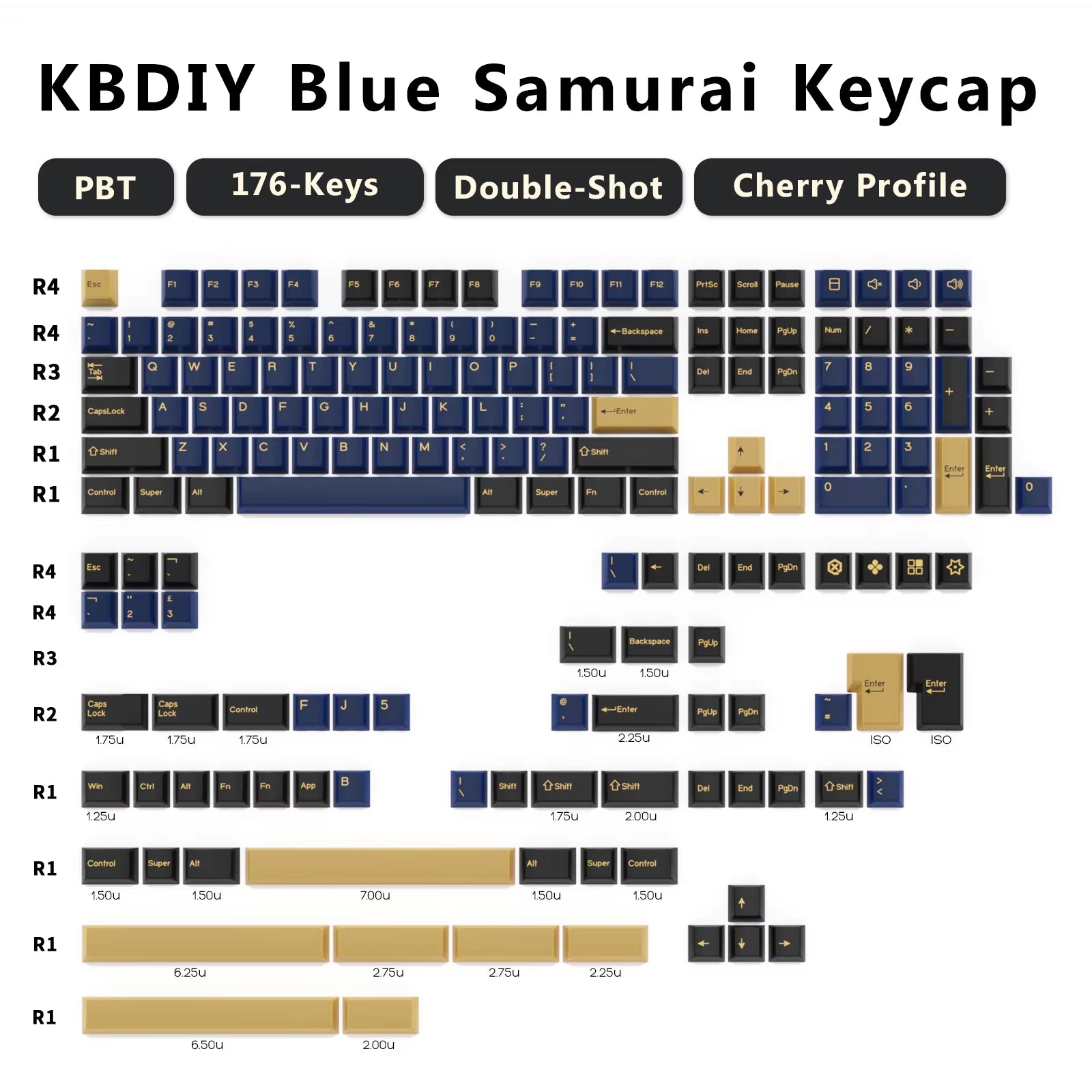 176 Keys Caps GMK Blue Samurai Keycap Cherry Profile Double Shot PBT for Mechanical Gaming Keyboard Retro ISO 7U Space Bar
