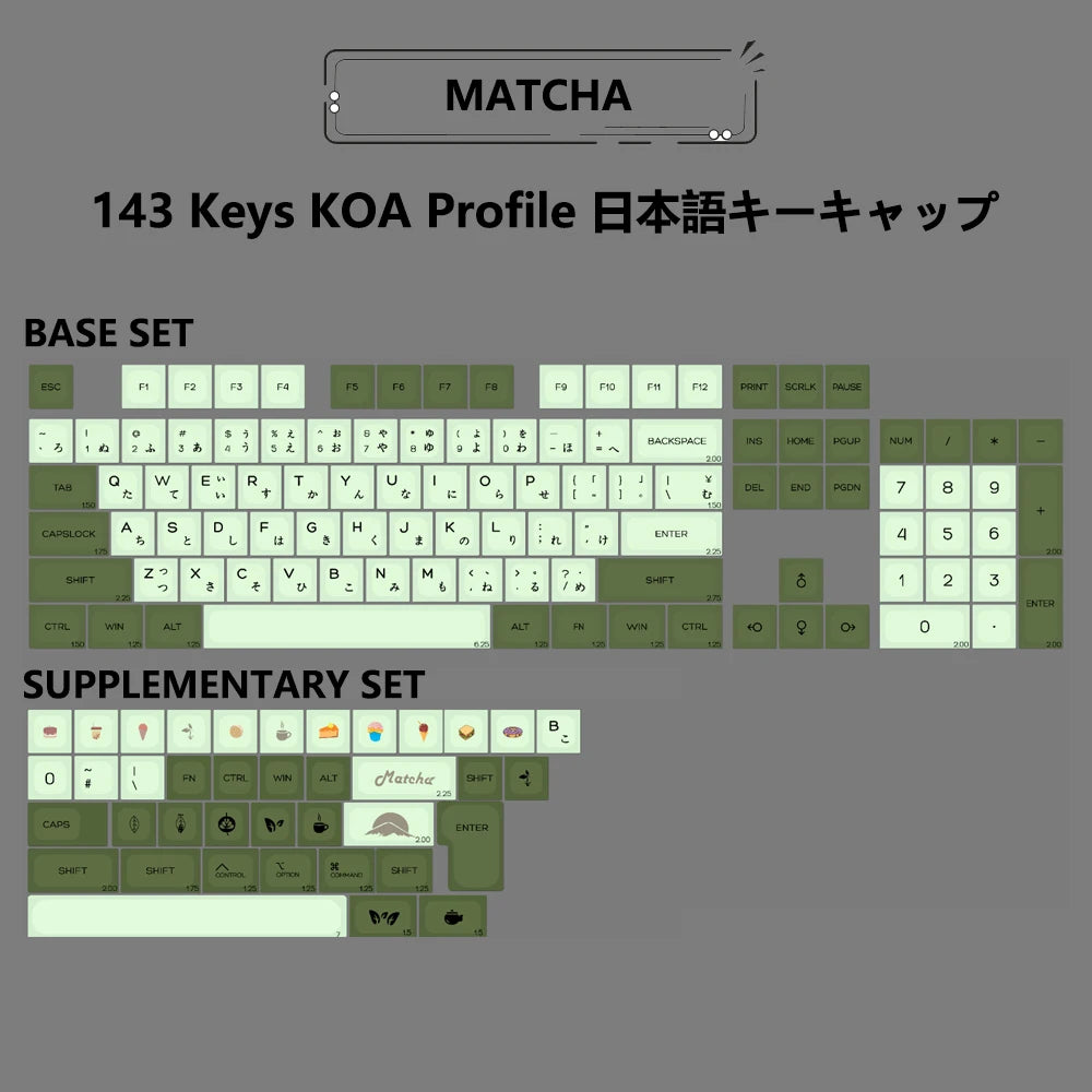 Matcha KOA Keycap PBT Similar MOA Keycaps Retro 7U MAC ISO Japanese Korean Russian 143 Key Cap Set for Mechanical Keyboard