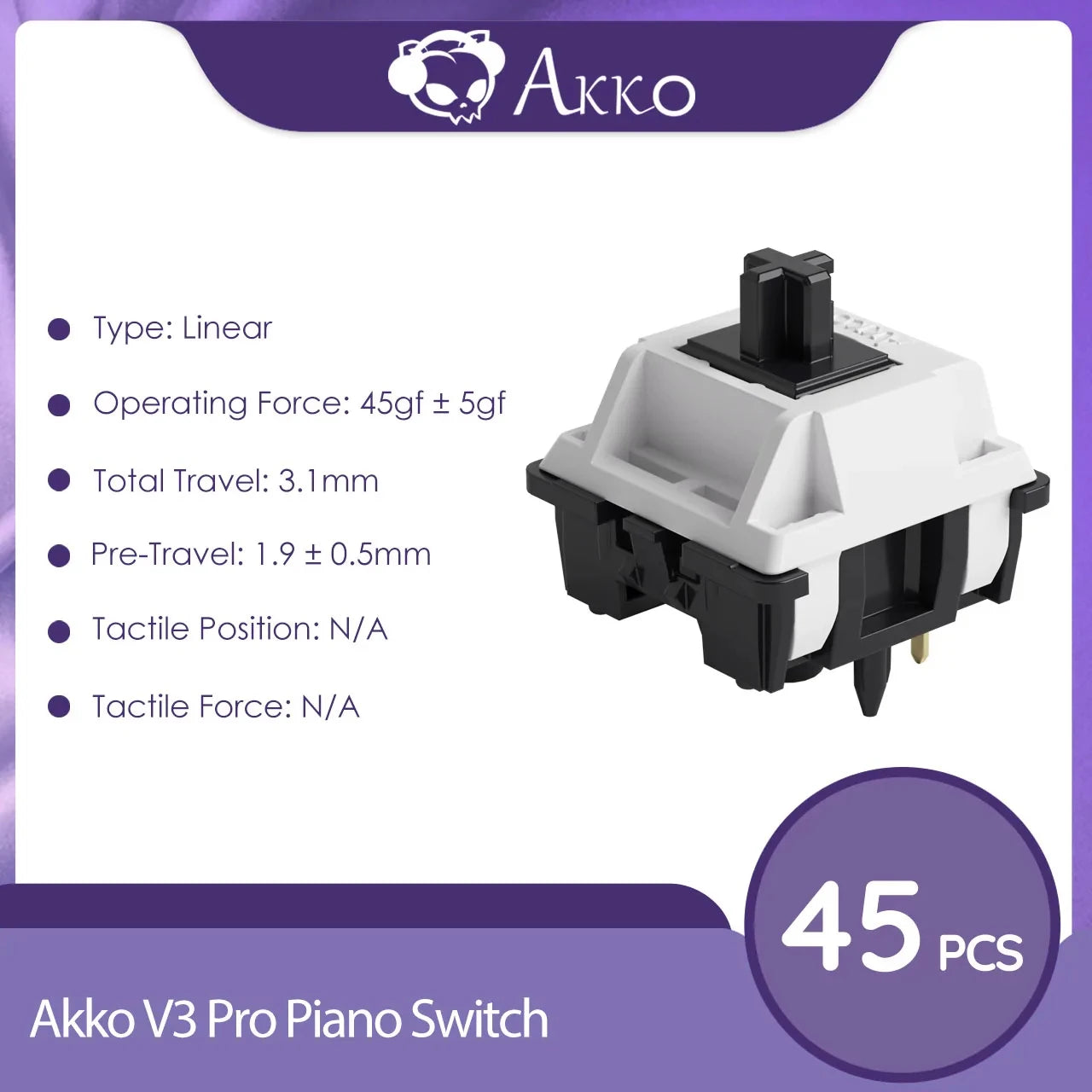 V3 Pro Piano Switch 5 Pin 45Gf Linear Switches Light Diffuser Compatible with MX Mechanical Keyboard (45 Pcs)