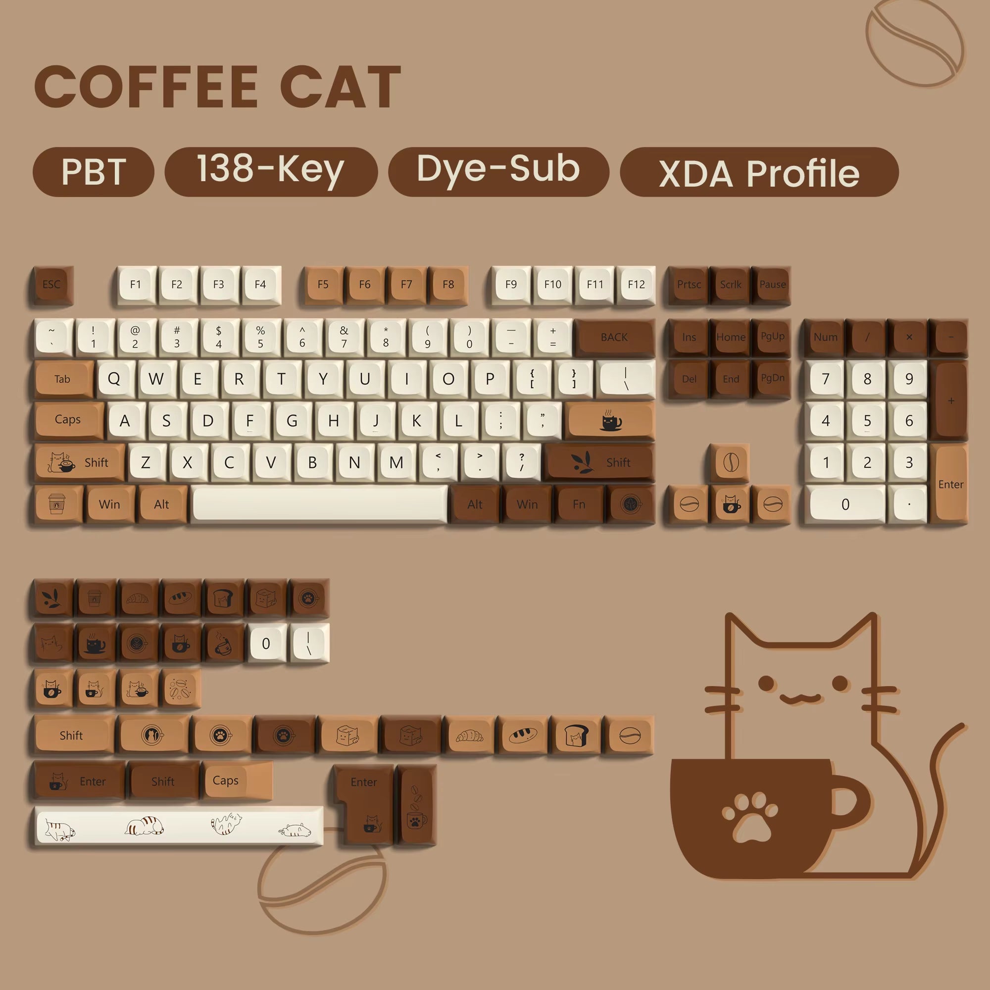 138 Keys Coffee Cat PBT Keycap 5 Sides DYE-SUB XDA Profile Customized Keycaps for Cherry MX Switch Gamer Mechanical Keyboards