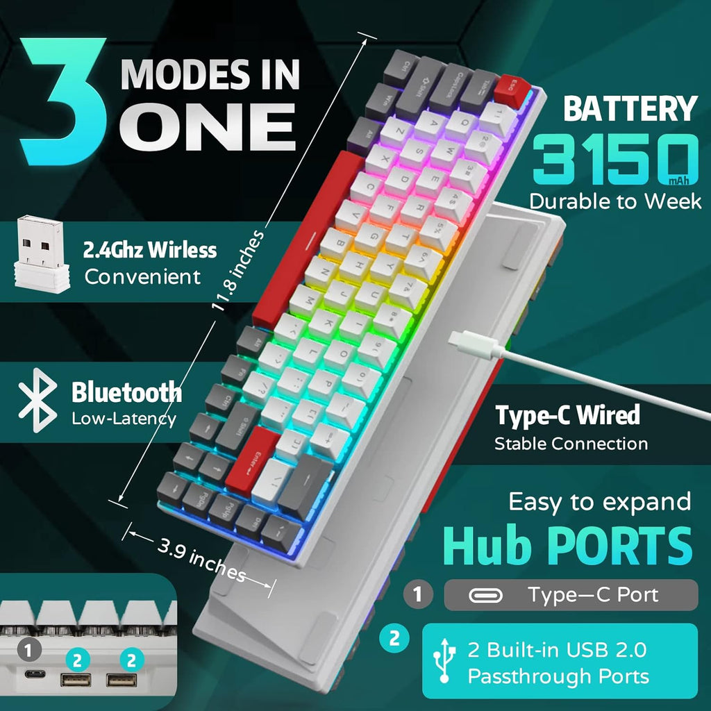 RK G68 65% Wireless Mechanical Keyboard, Bluetooth5.1/2.4G/Wired Hot Swappable Mechanical Keyboard with 3 USB Ports, 68 Keys RGB Red Switch for Mac Windows, Classical Red