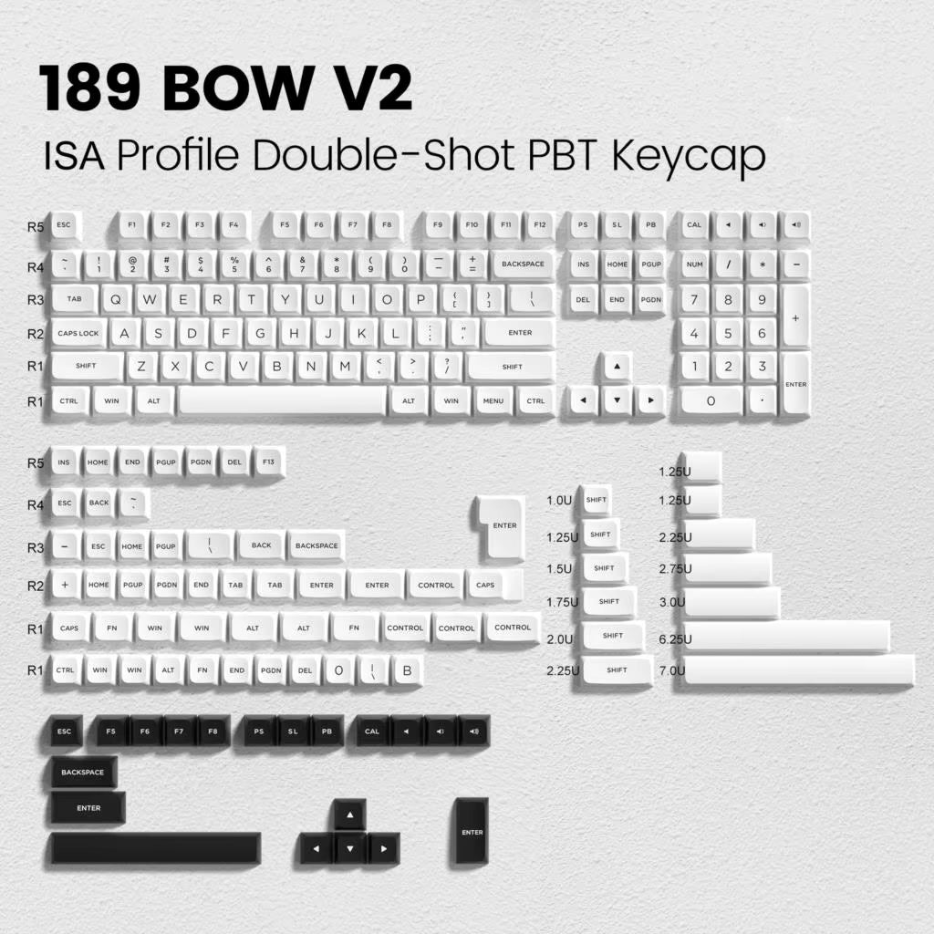 189 Keys ISA Profile Minimalist Keyboard Keycaps BOW Double Shot PBT Keycaps for Gateron Cherry MX Switches Gaming Keyboard