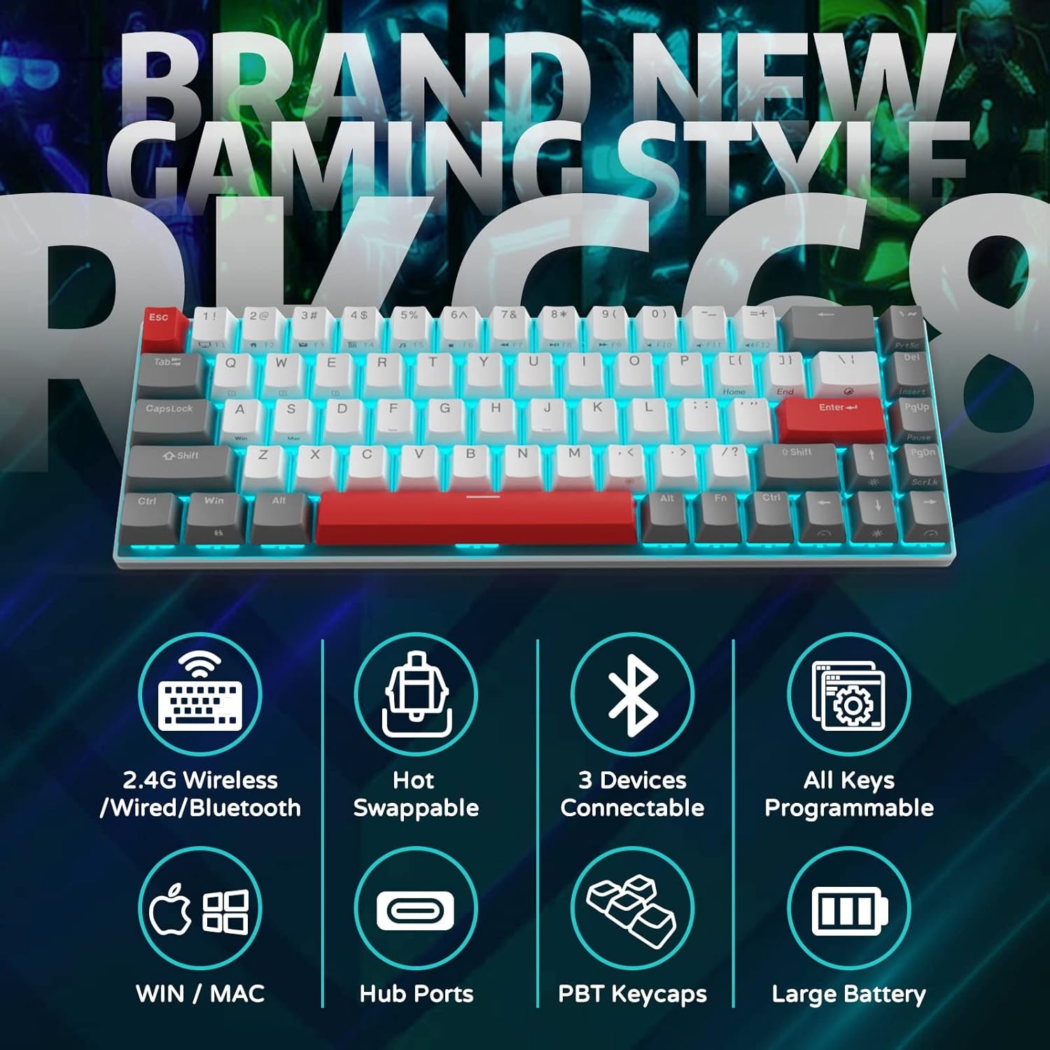 RK G68 65% Wireless Mechanical Keyboard, Bluetooth5.1/2.4G/Wired Hot Swappable Mechanical Keyboard with 3 USB Ports, 68 Keys RGB Red Switch for Mac Windows, Classical Red