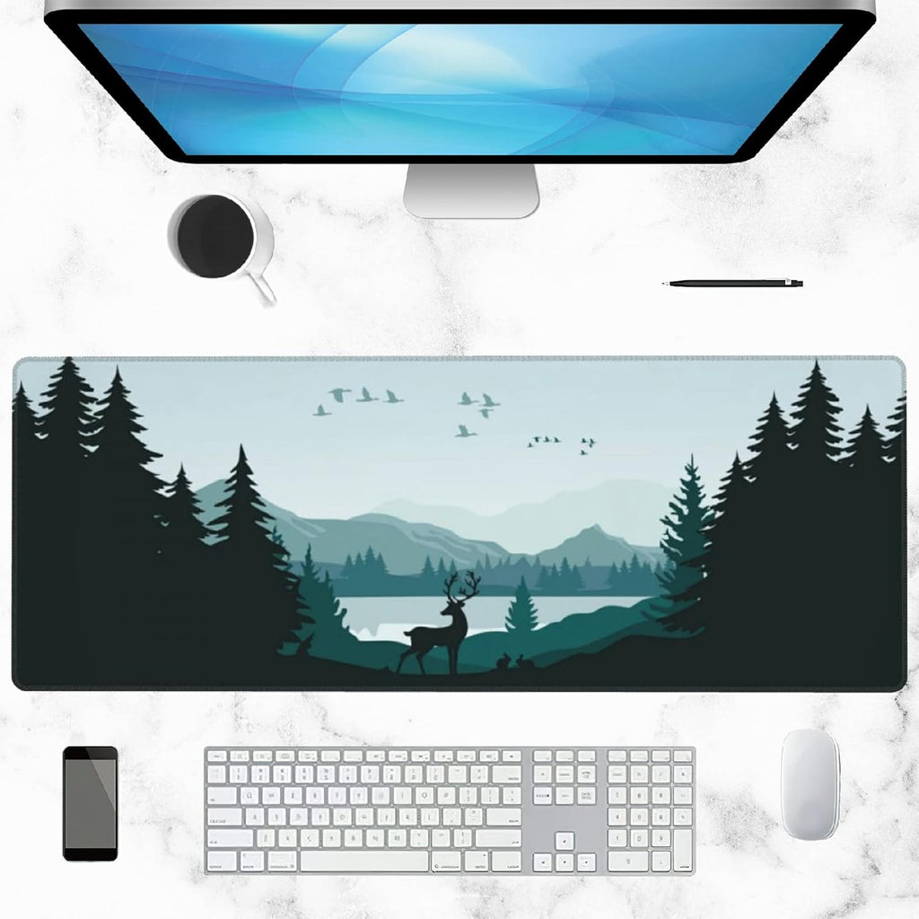 Gaming Mouse Pad Large, Lnk Painting Misty Forest Deer Extended Mouse Pad,Non-Slip Rubber Desktop Mat Sewn Edges, Desktop Decorative Accessories, Suitable for Home, Office 35.5" X 15.7"