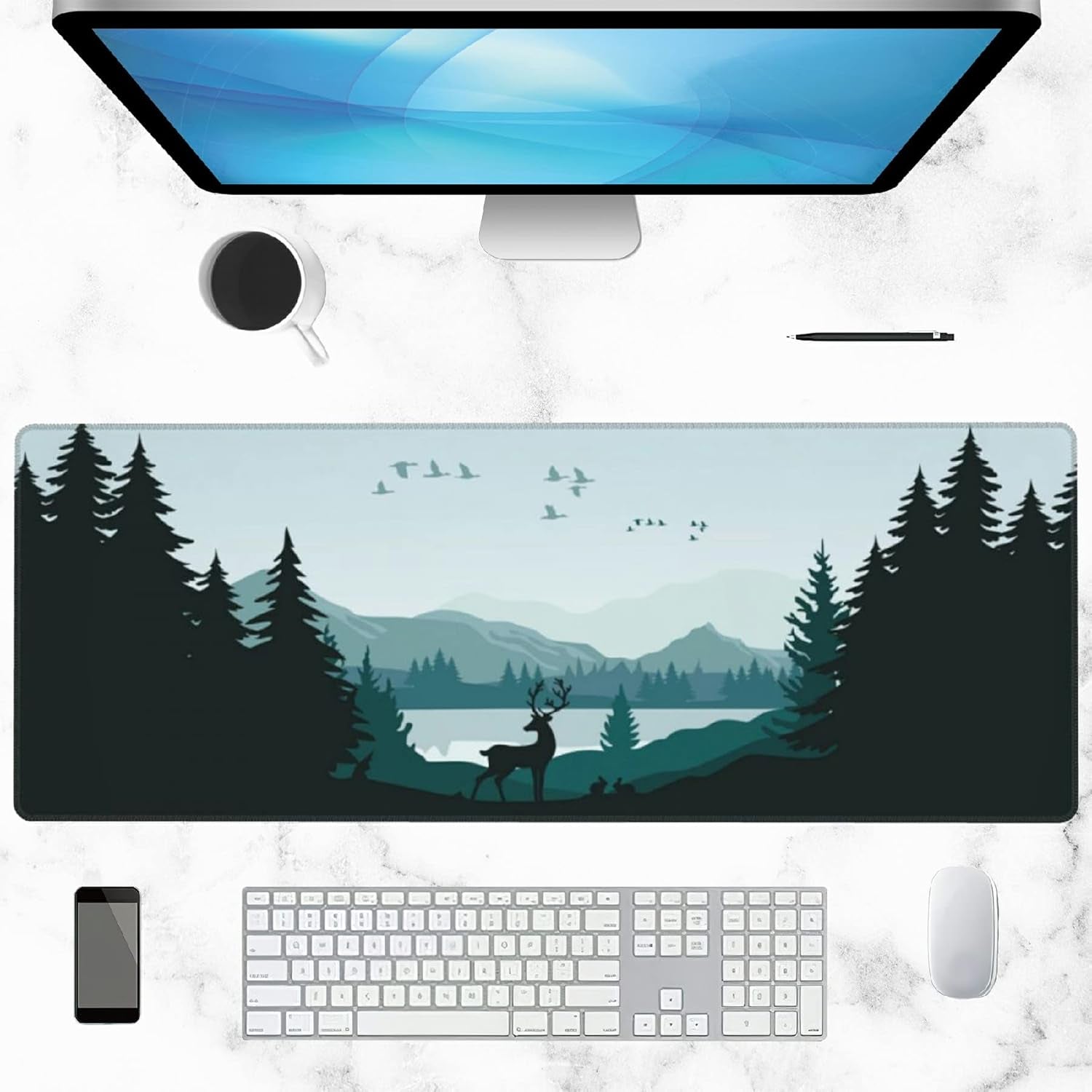 Gaming Mouse Pad Large, Lnk Painting Misty Forest Deer Extended Mouse Pad,Non-Slip Rubber Desktop Mat Sewn Edges, Desktop Decorative Accessories, Suitable for Home, Office 35.5" X 15.7"