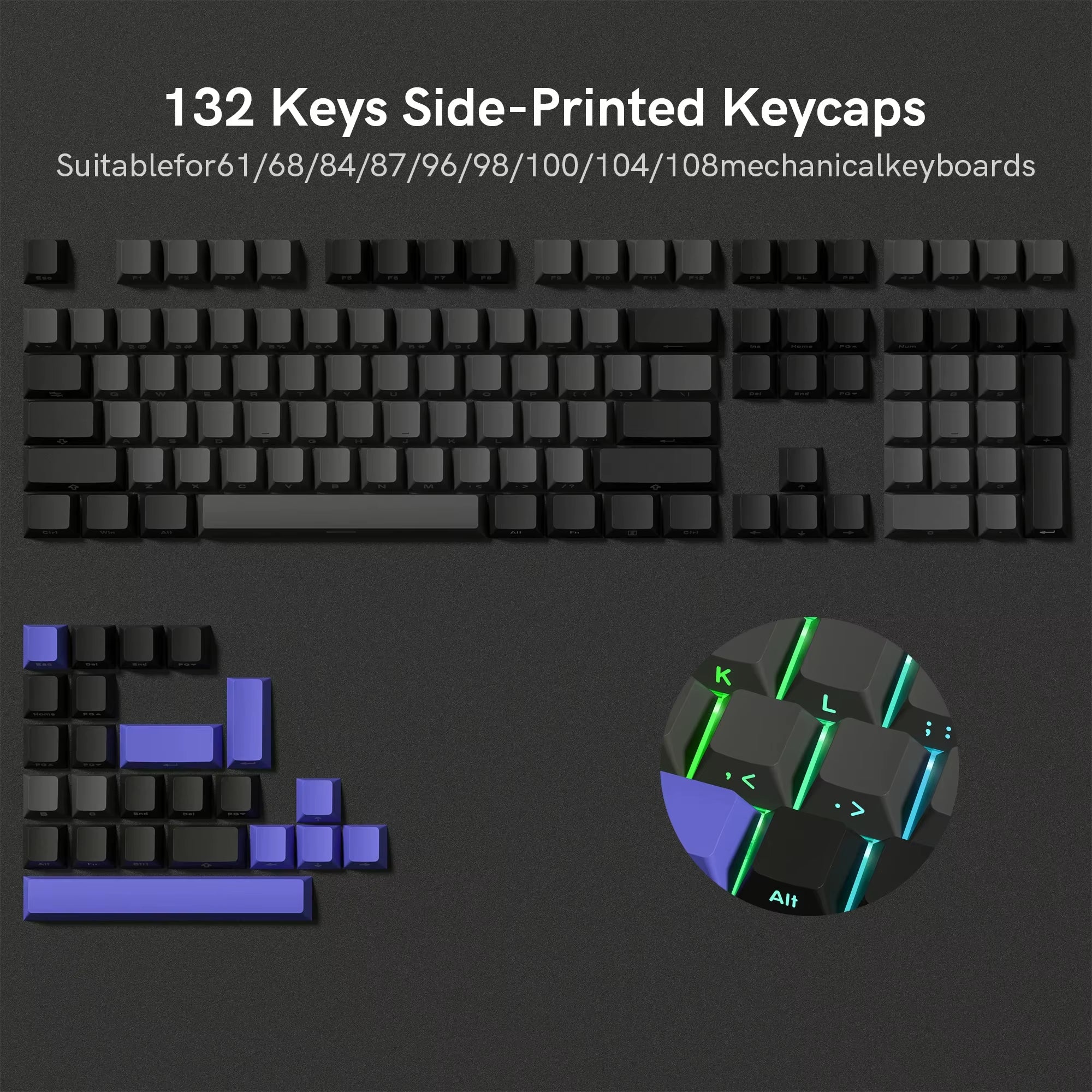 136 Key Black Side-Lit Shine through Backlit Keycaps PBT Double Shot Keycaps OEM Profile for MX Switches Mechanical Keyboard
